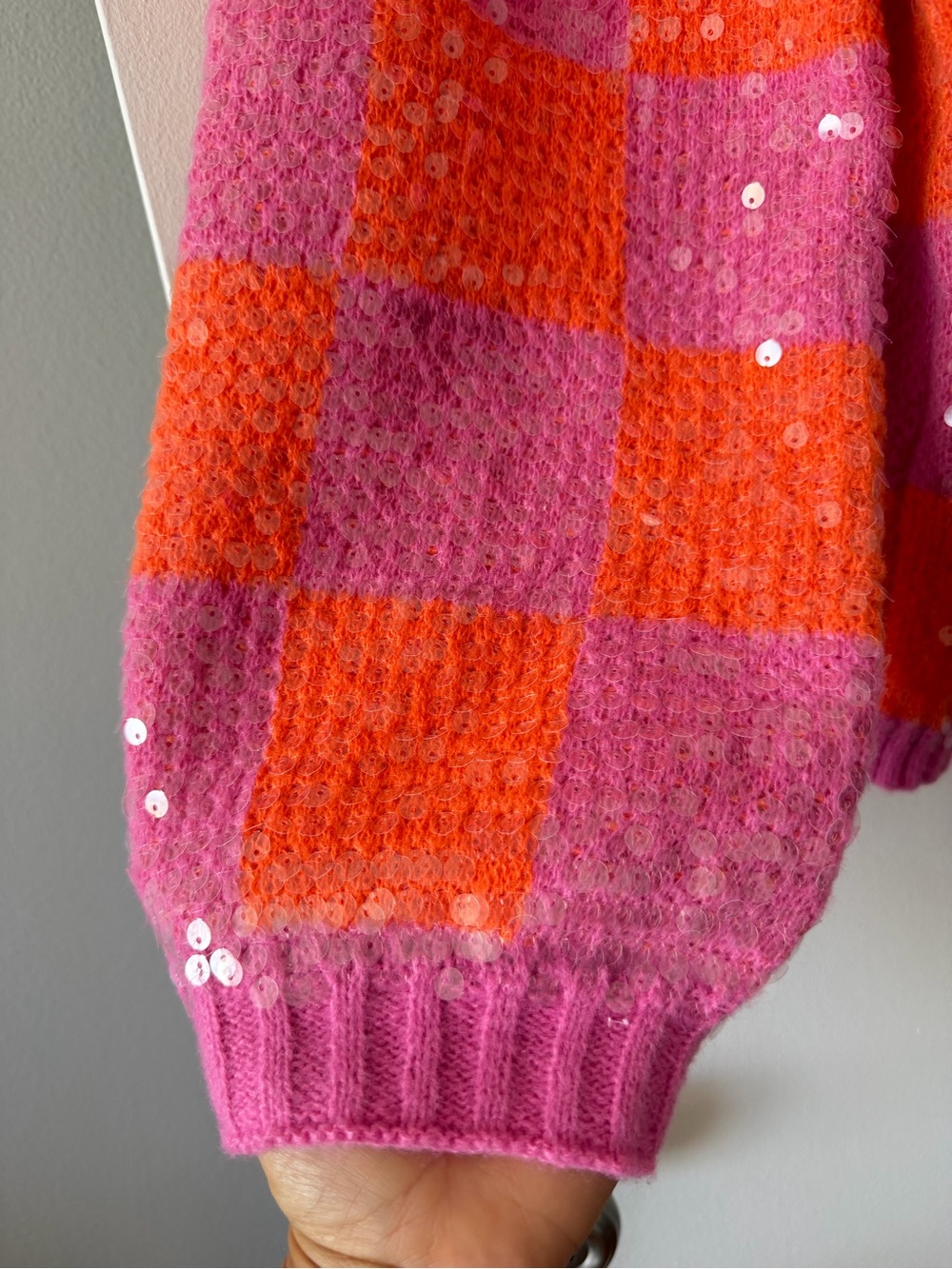 BiBi Pink Orange Checkered Sequin Oversized Cardigan Sweater Knit XL NWT Sparkle - Picture 8 of 10